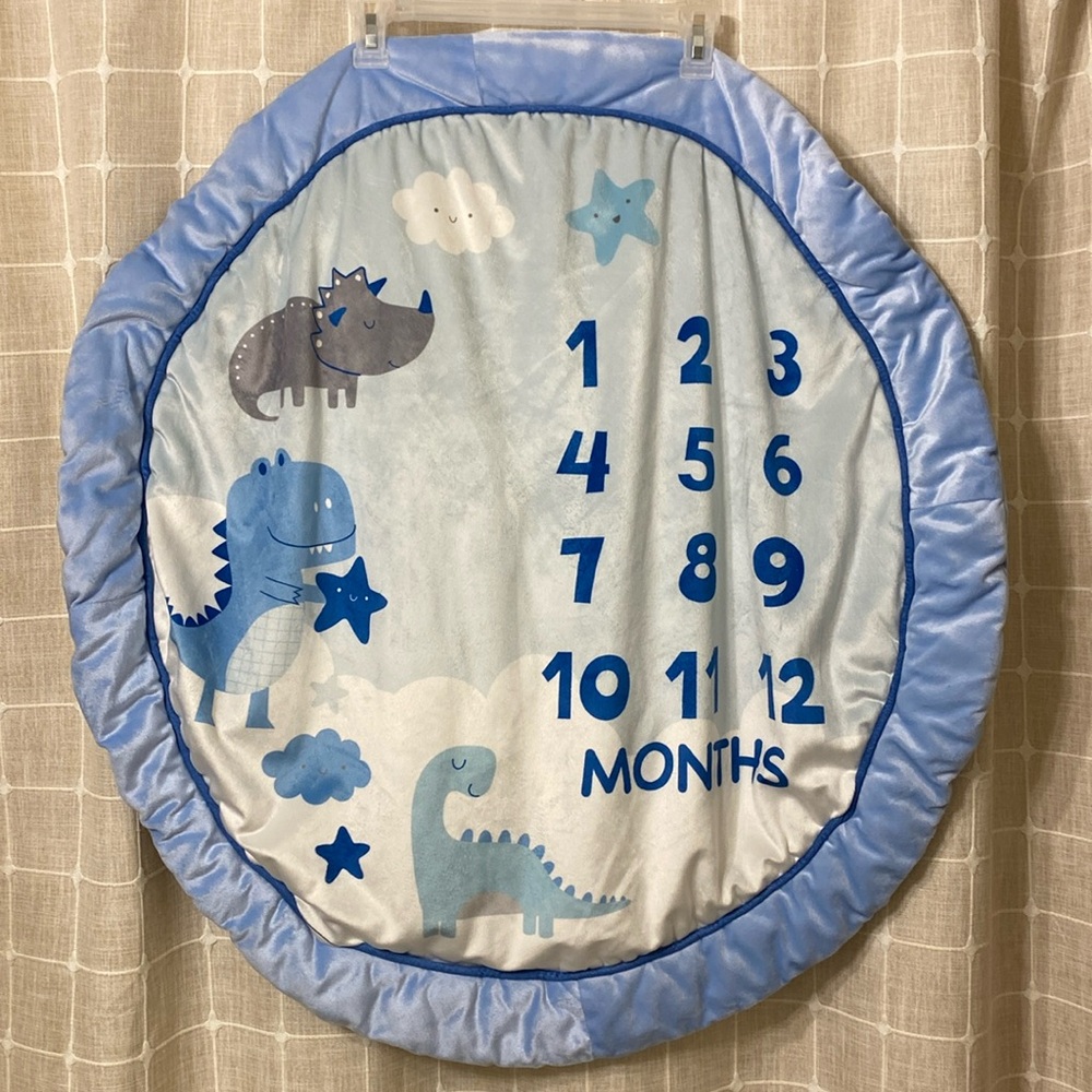 Baby Monthly Milestone Blanket Dinosaur Theme Blue Photography Prop Growth Chart